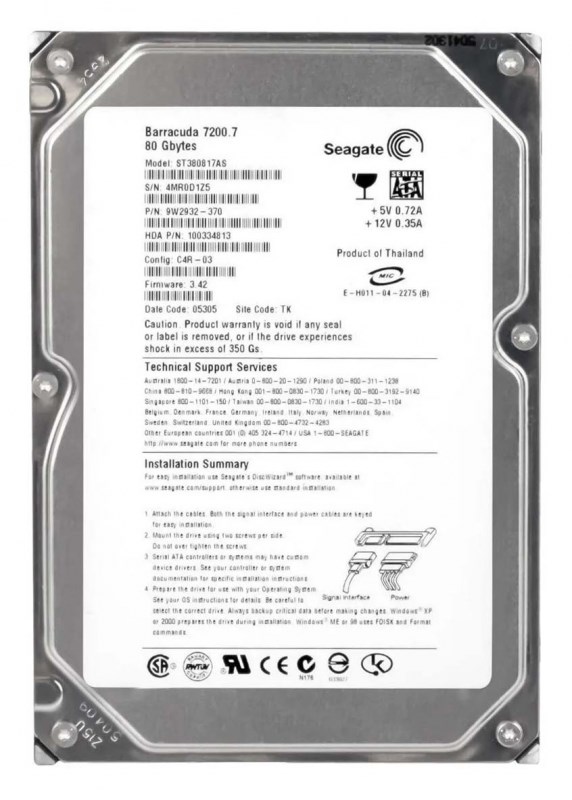 Жесткий диск Seagate ST380817AS 80Gb 7200 SATA 3.5" HDD ST380817AS - фото 28583