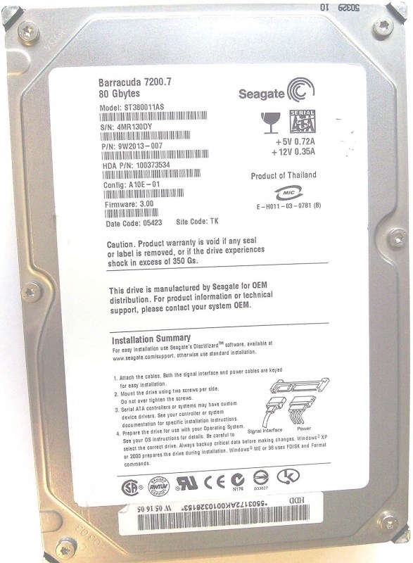 Жесткий диск Seagate ST380011AS 80Gb 7200 SATA 3.5" HDD ST380011AS - фото 28586