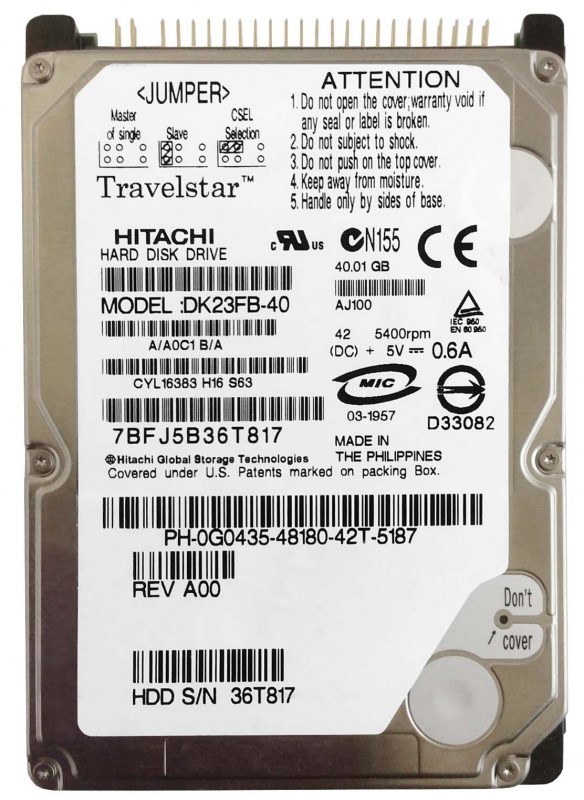 Жесткий диск Hitachi 0G0435 40Gb 5400 IDE 2,5" HDD 0G0435 - фото 29304