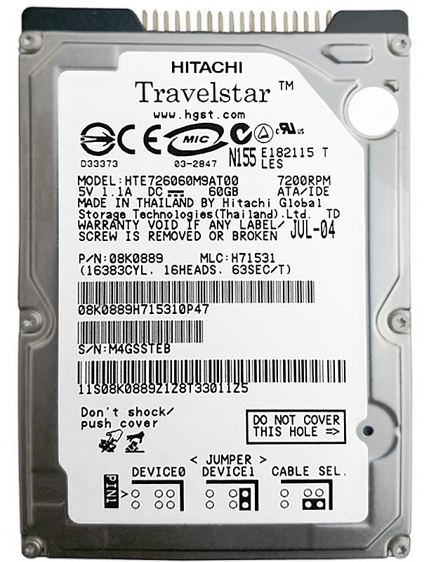 Жесткий диск Hitachi HTE726060M9AT00 60Gb 7200 IDE 2,5" HDD HTE726060M9AT00 - фото 29399