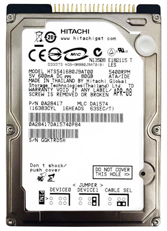 Жесткий диск Hitachi HTS541680J9AT00 80Gb 5400 IDE 2,5" HDD HTS541680J9AT00 - фото 29486