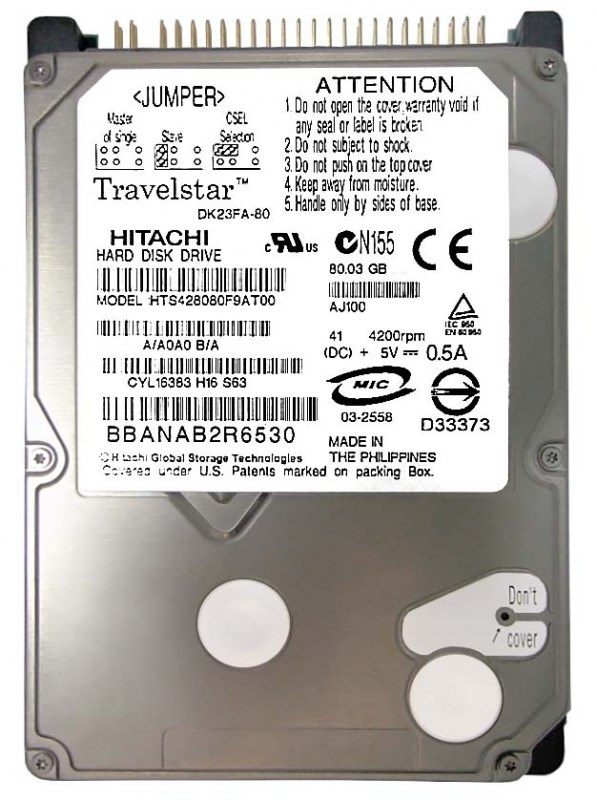 Жесткий диск Hitachi HTS428080F9AT00 80Gb 4200 IDE 2,5" HDD HTS428080F9AT00 - фото 29618