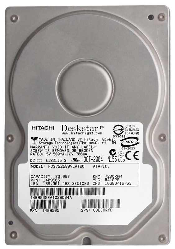 Жесткий диск Hitachi HDS722580VLAT20 80Gb 7200 IDE 3.5" HDD HDS722580VLAT20 - фото 30248