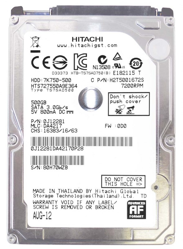 Жесткий диск Hitachi HTS727550A9E364 500Gb 7200 SATAII 2,5" HDD HTS727550A9E364 - фото 30431