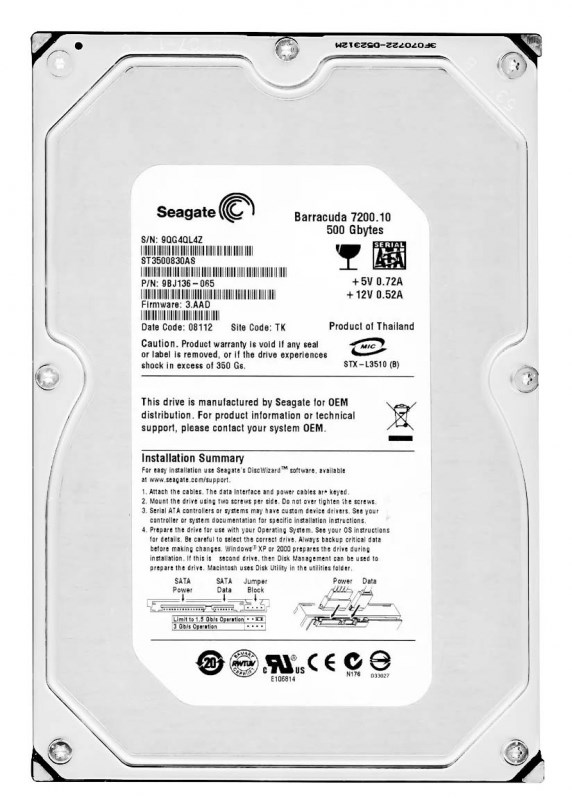 Жесткий диск Seagate 9BJ136 500Gb SATAII 3,5" HDD 9BJ136 - фото 30617