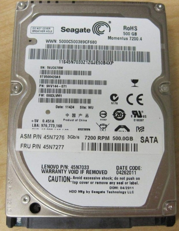 Жесткий диск Seagate 45N7277 500Gb 7200 SATAII 2,5" HDD 45N7277 - фото 30747