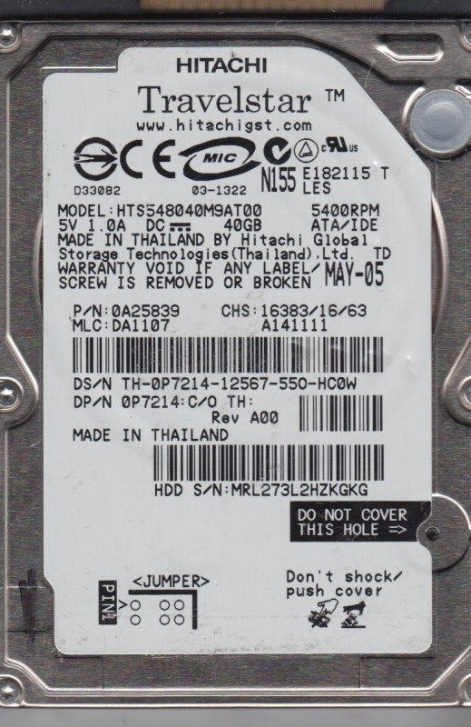 Жесткий диск Hitachi 0A25839 40Gb 5400 IDE 2,5" HDD 0A25839 - фото 30889