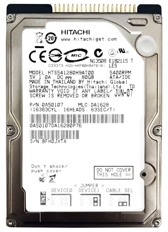 Жесткий Диск Hitachi HTS541280H9AT00 80Gb IDE 2,5" HDD HTS541280H9AT00 - фото 40728