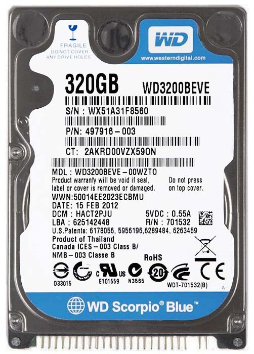 Жесткий диск Western Digital WD3200BEVE 320Gb 5400 IDE 2,5" HDD WD3200BEVE - фото 40888